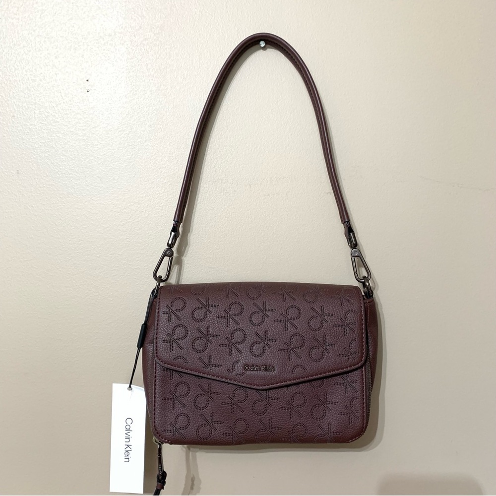 NWT $148 Calvin Klein Ava Perforated Signature Flap Leather Shoulder Bag Purple